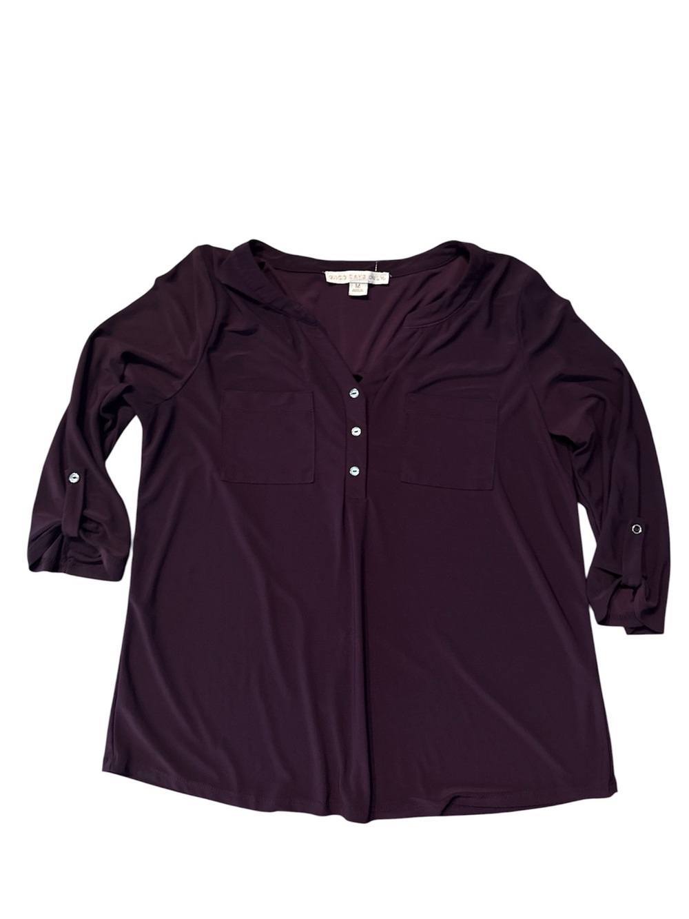 Plum Button-Front V-Neck Roll Sleeve Blouse lightweight